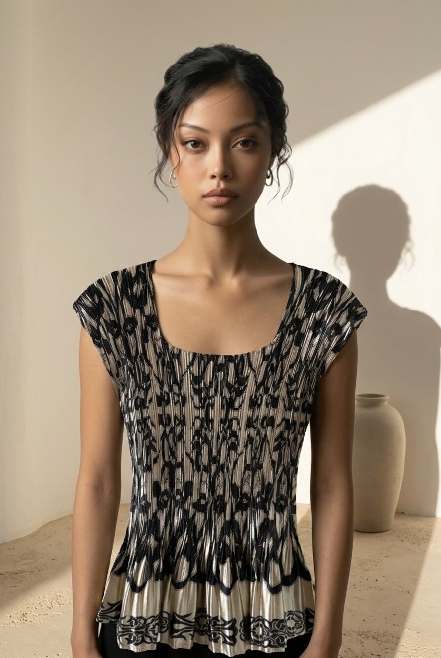 Art Deco Y2K Metallic Pleated Peplum Top Womens M Mixed Print Black Gold Glam